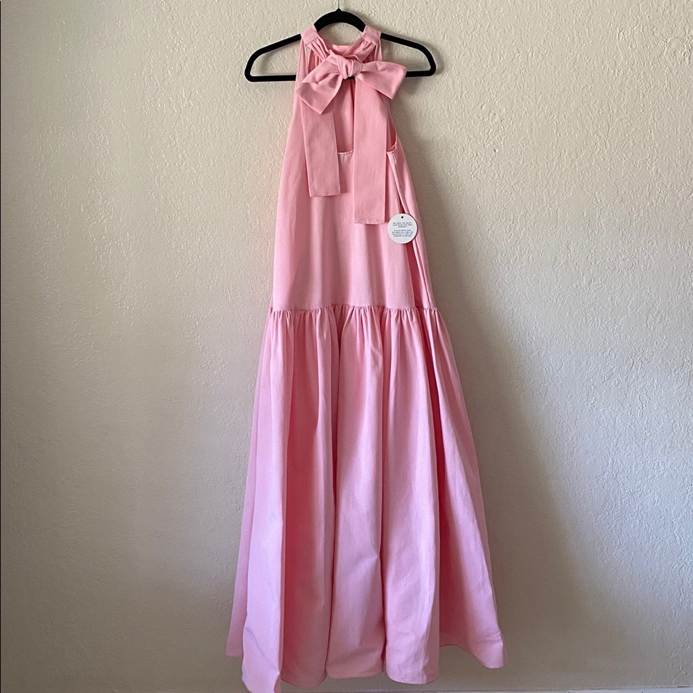 STAUD Marlowe Tiered Poplin Maxi Dress Size S Pearl Pink Bow-Back - Picture 14 of 16